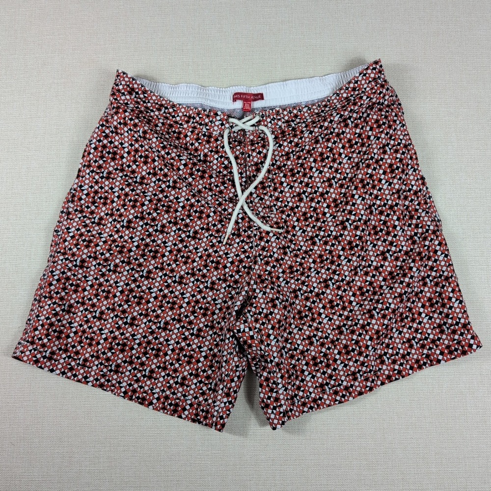 Saks Fifth Avenue Mens Geometric Swim Trunks XXL (38x8) Red Black White EUC